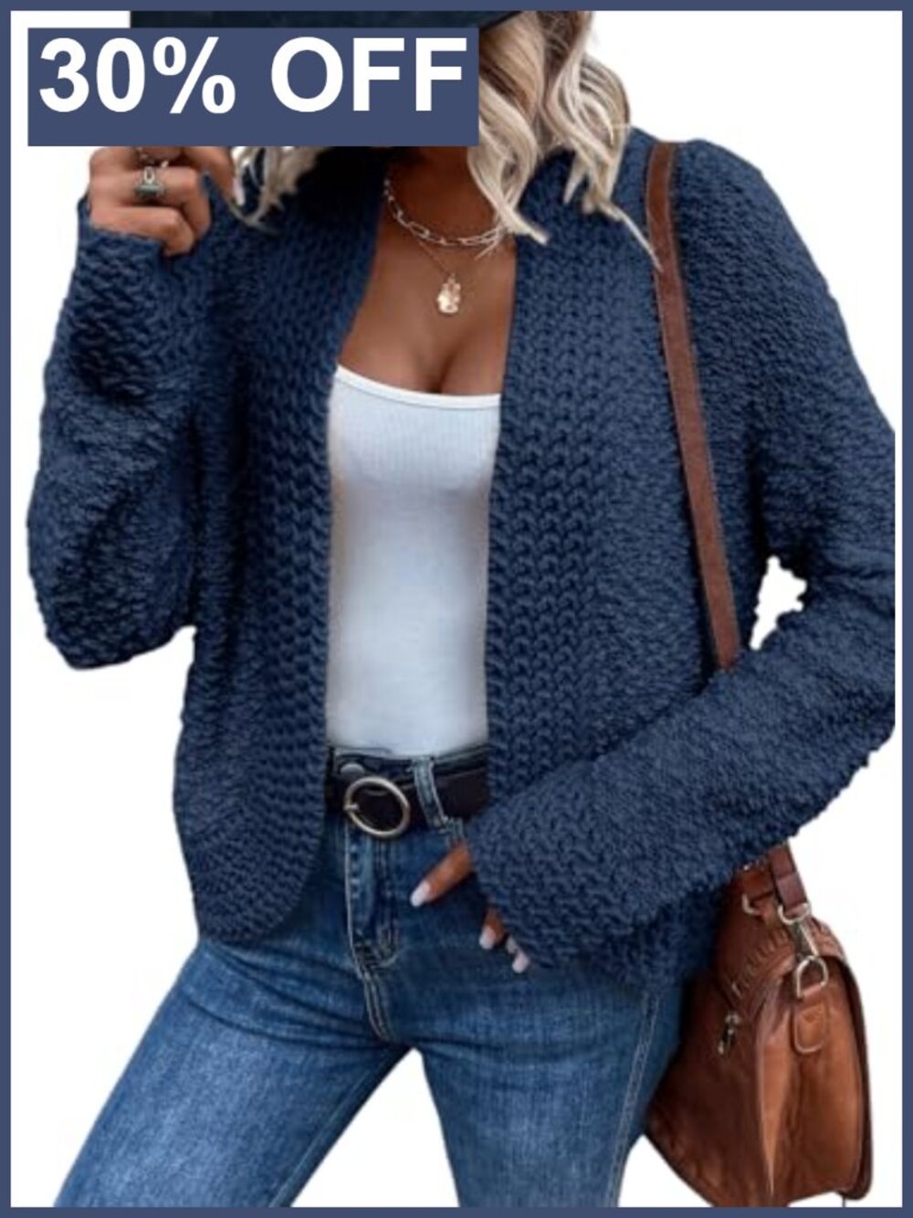 Women's Open Front Chunky Knit Cardigan Long Sleeve Popcorn Sweater